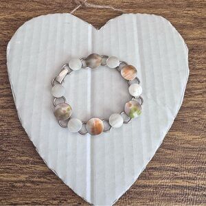 Sterling Silver .925 Mother Of Pearl Cabochon Link‎ Bracelet 7” Minimalist
